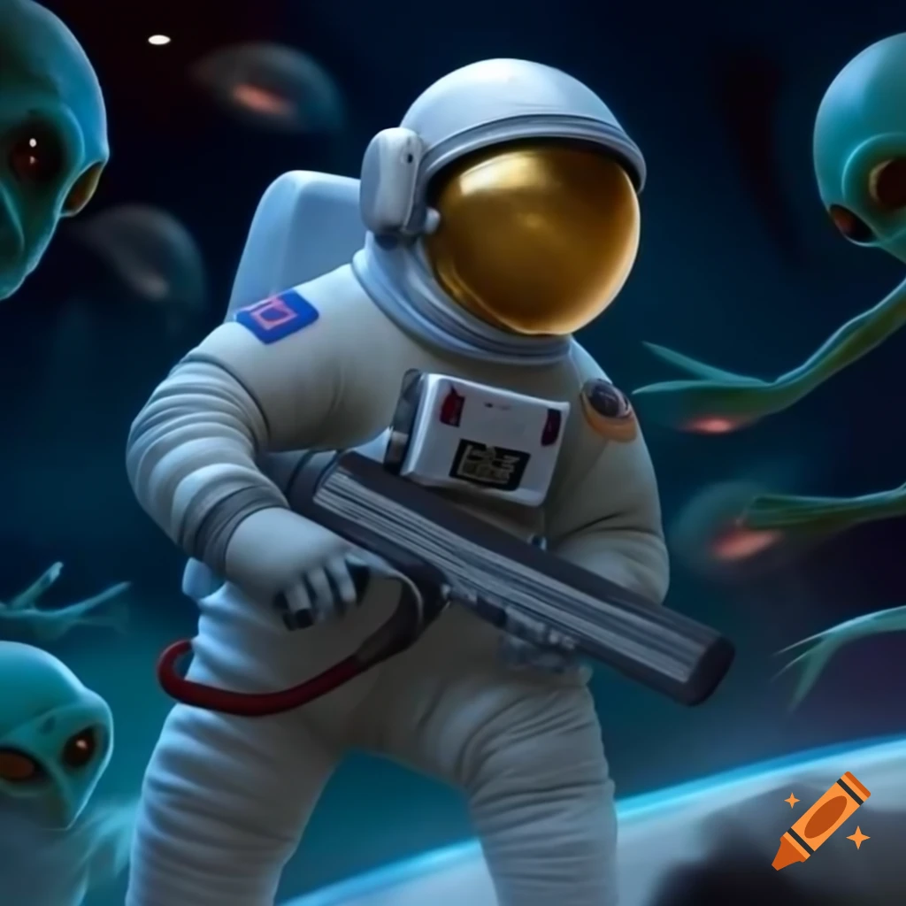 Astronaut shooting at aliens in outer space