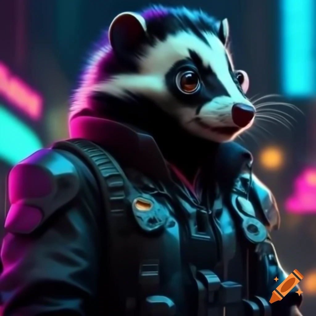 Spotted skunk in cyberpunk dystopia wearing futuristic military uniform in neon city