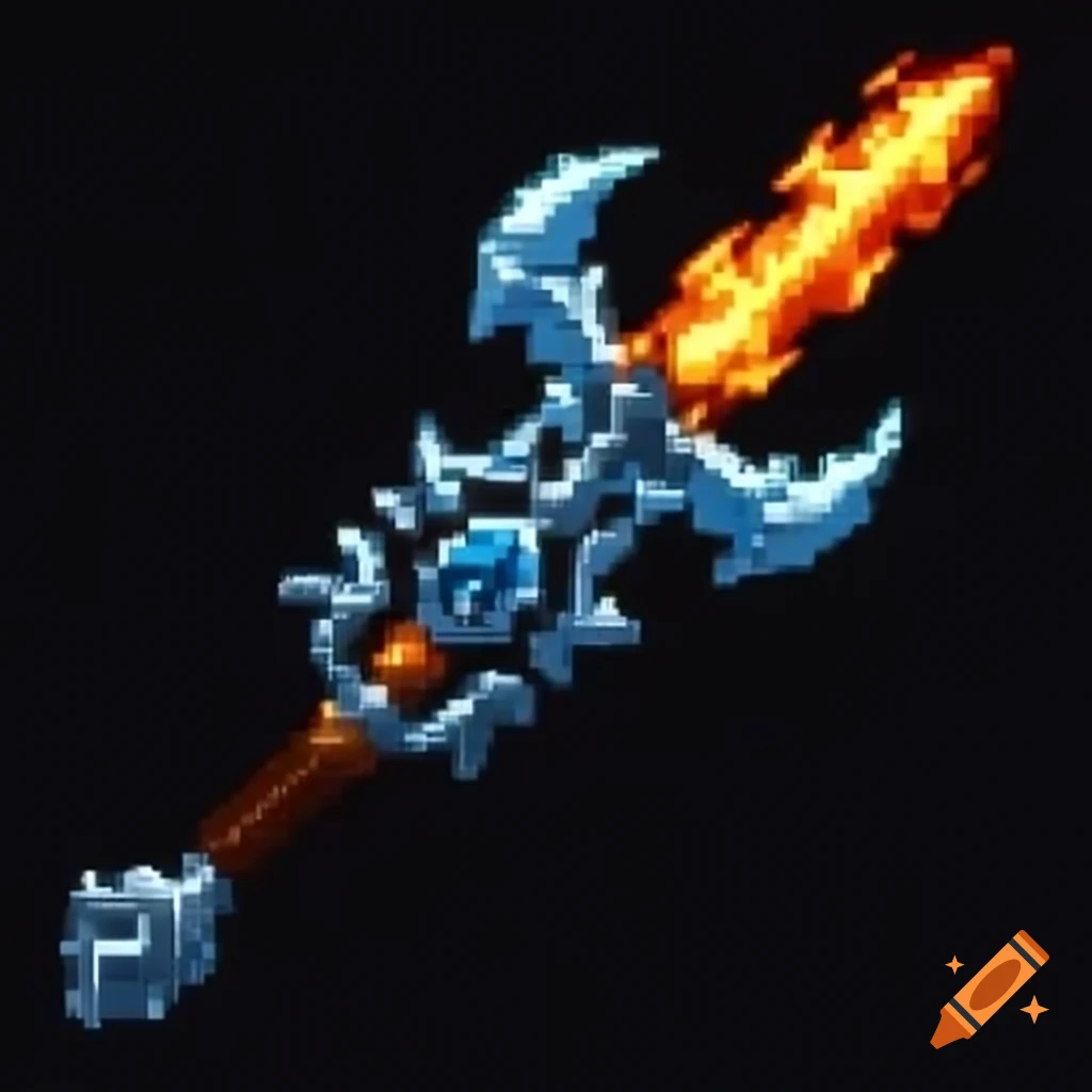 Digital fantasy weapon with glowing frost and fiery elements, pixel art style