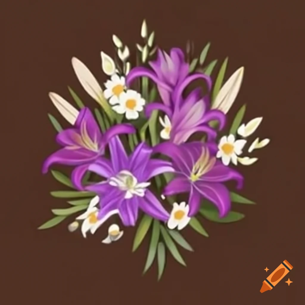 Drawing of purple lilies and white daisies in a brown bouquet