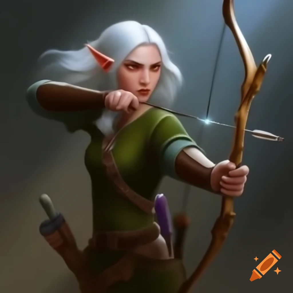 Elven archer poised with bow ready, determined expression
