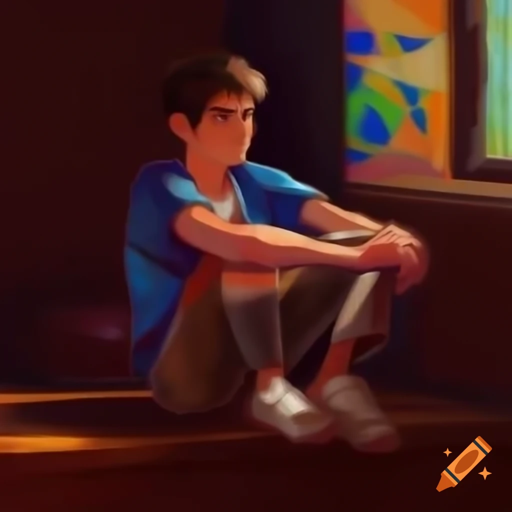 Young man in contemplation with vibrant design elements