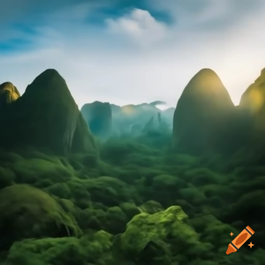 Autumn forest dawn scene with mountains and tropical sunset