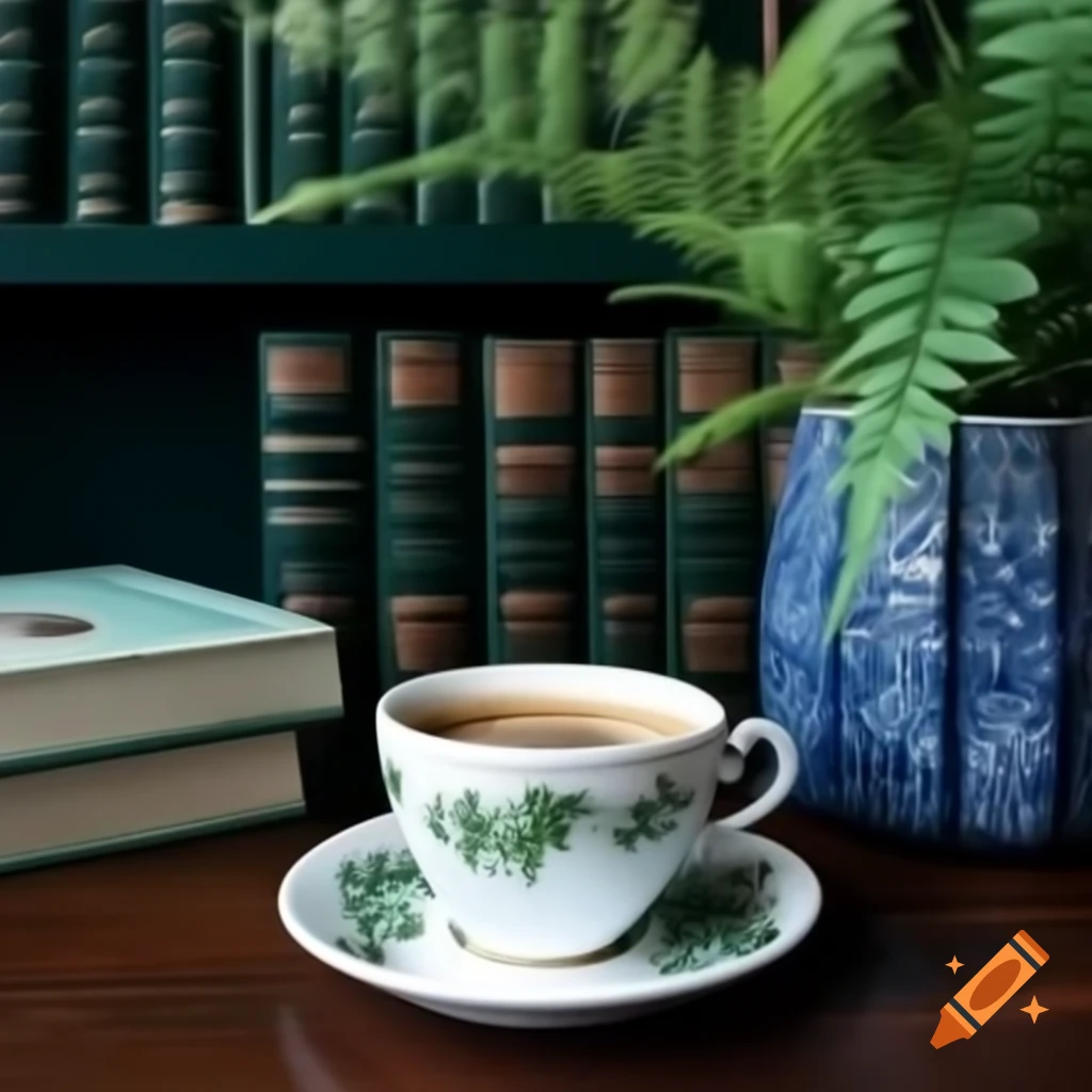 Vintage coffee cup and cake on table with bookshelves in antique interior