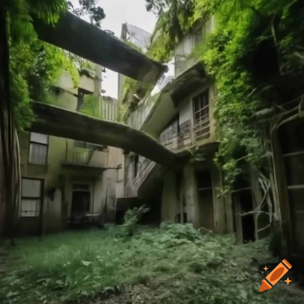Nature overtaking urban landscape with overgrown foliage and worn concrete