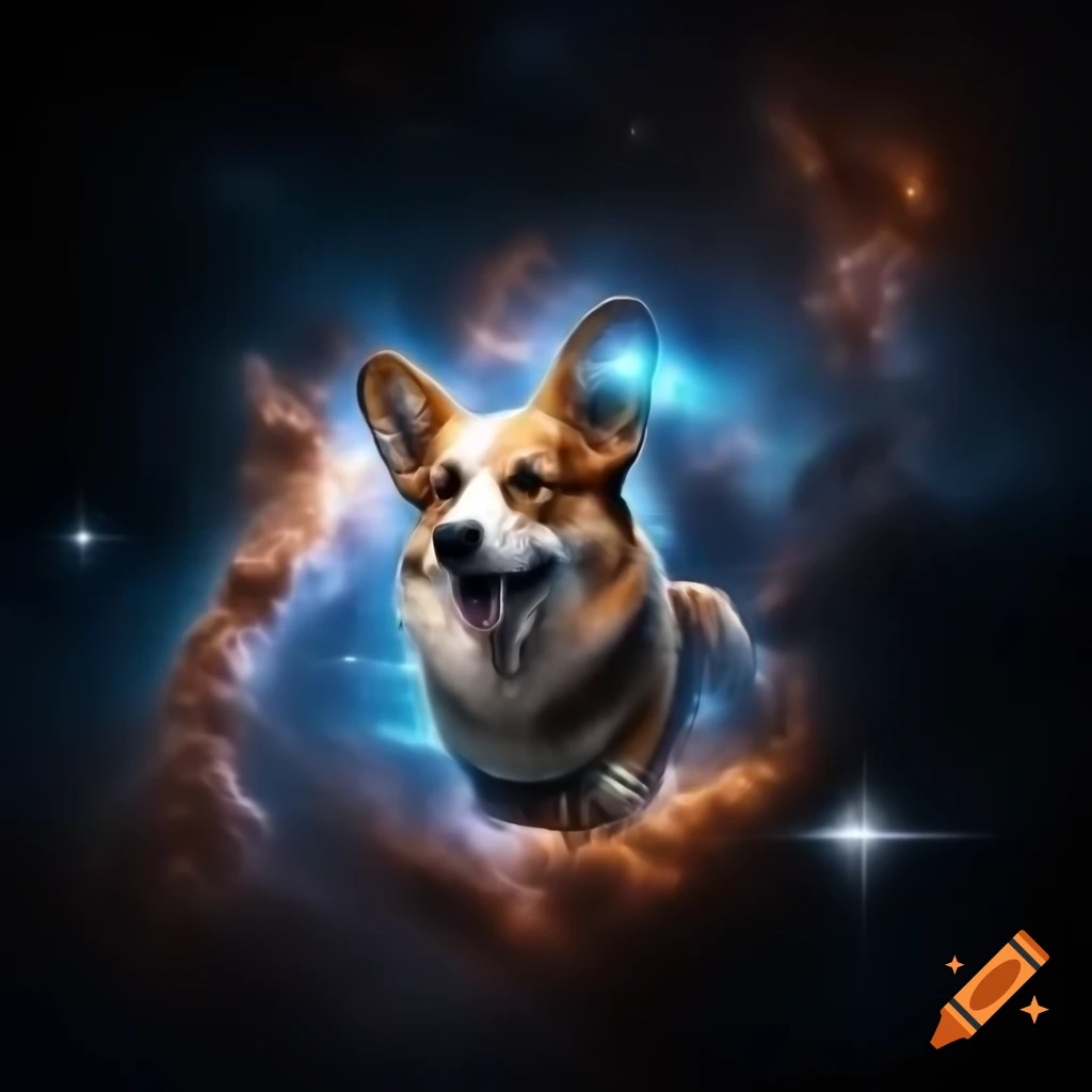 Highly detailed cosmic corgi made of stars in nebulous background