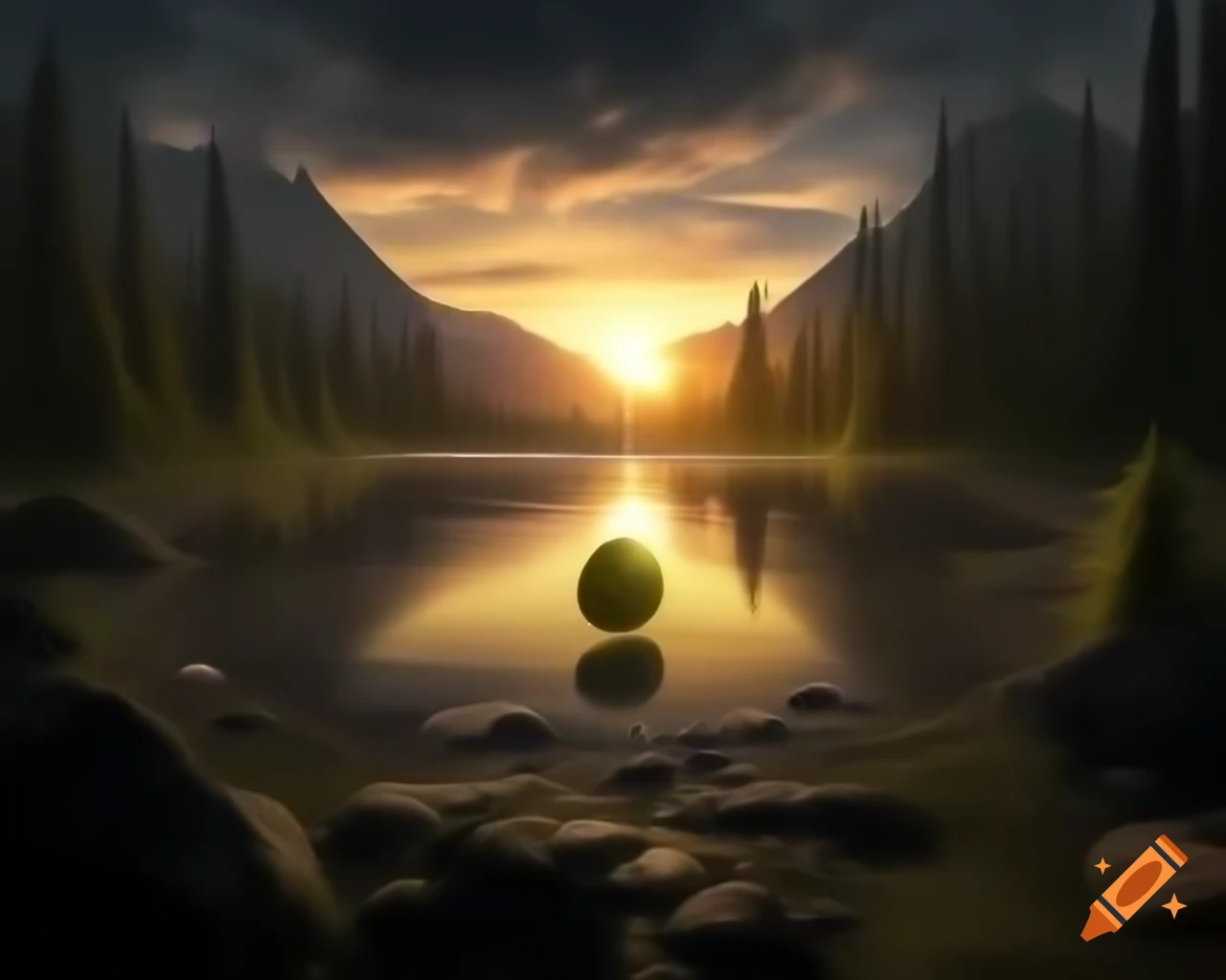 Photorealistic landscape of mountain lake with island and sun rays, featuring lemon monster sculpture