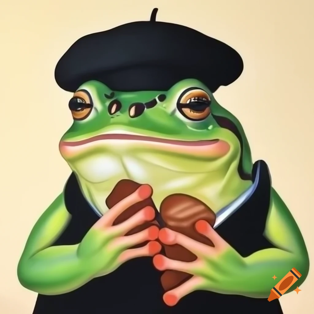Elegant frog wearing beret holding pain au chocolat