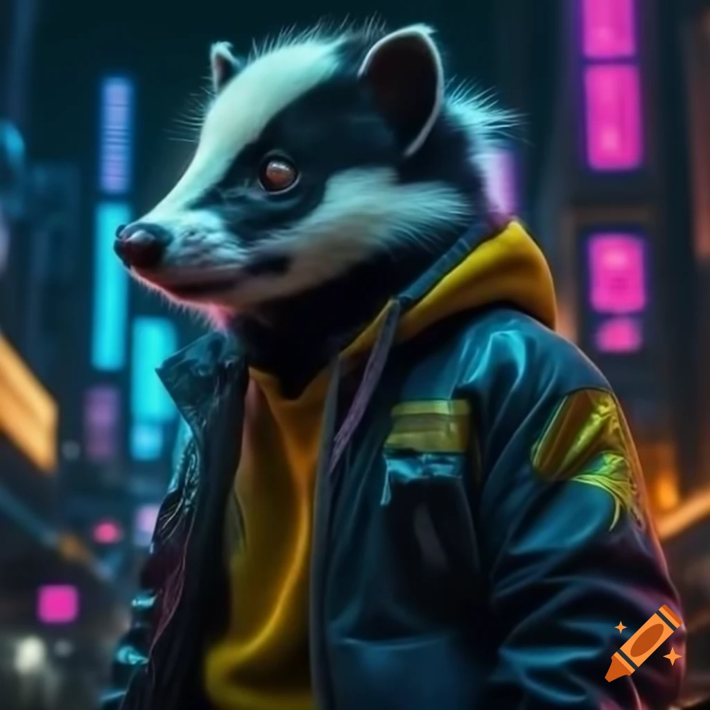 Skunk in futuristic jacket with LEDs in neon dystopian cityscape