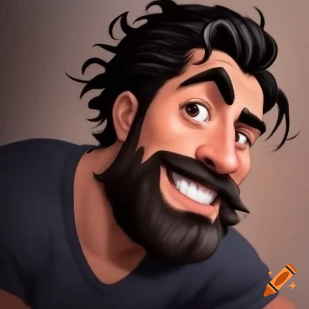 Caucasian Mexican man in his 40s playing on a PC with messy black hair and a full beard
