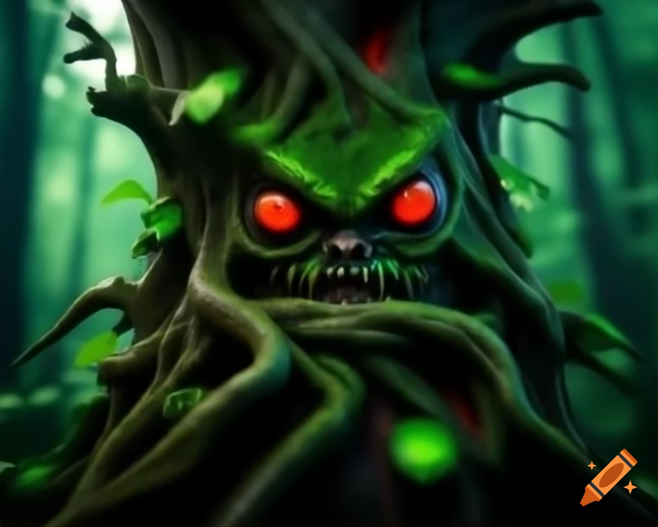 3D CGI anime tree monster with humanoid face and trees growing on its body