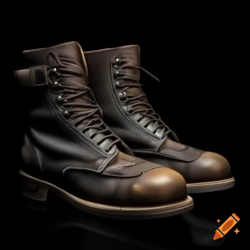 Worn-out dark leather boots with scuffed metal reinforcements and glowing runes