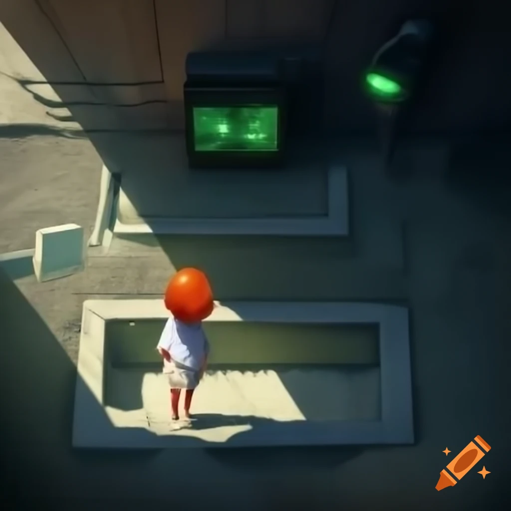 Red-haired girl in white clothes wandering through concrete basement labyrinth viewed from green security monitor