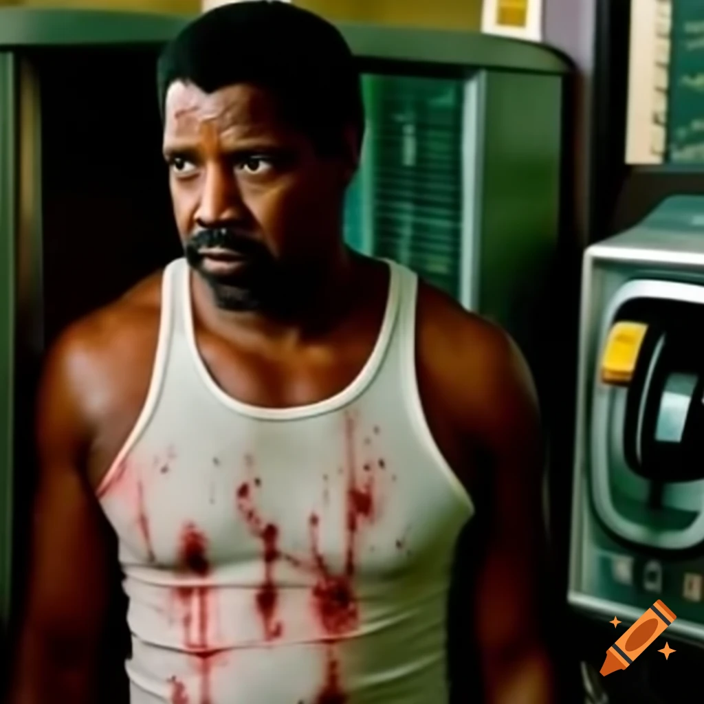 Denzel Washington In Dirty Tank Top At Payphone Displaying Blood And black-and-white-drawing-of-a-man-in-1950s-suit-on-dirty-white-wall-on