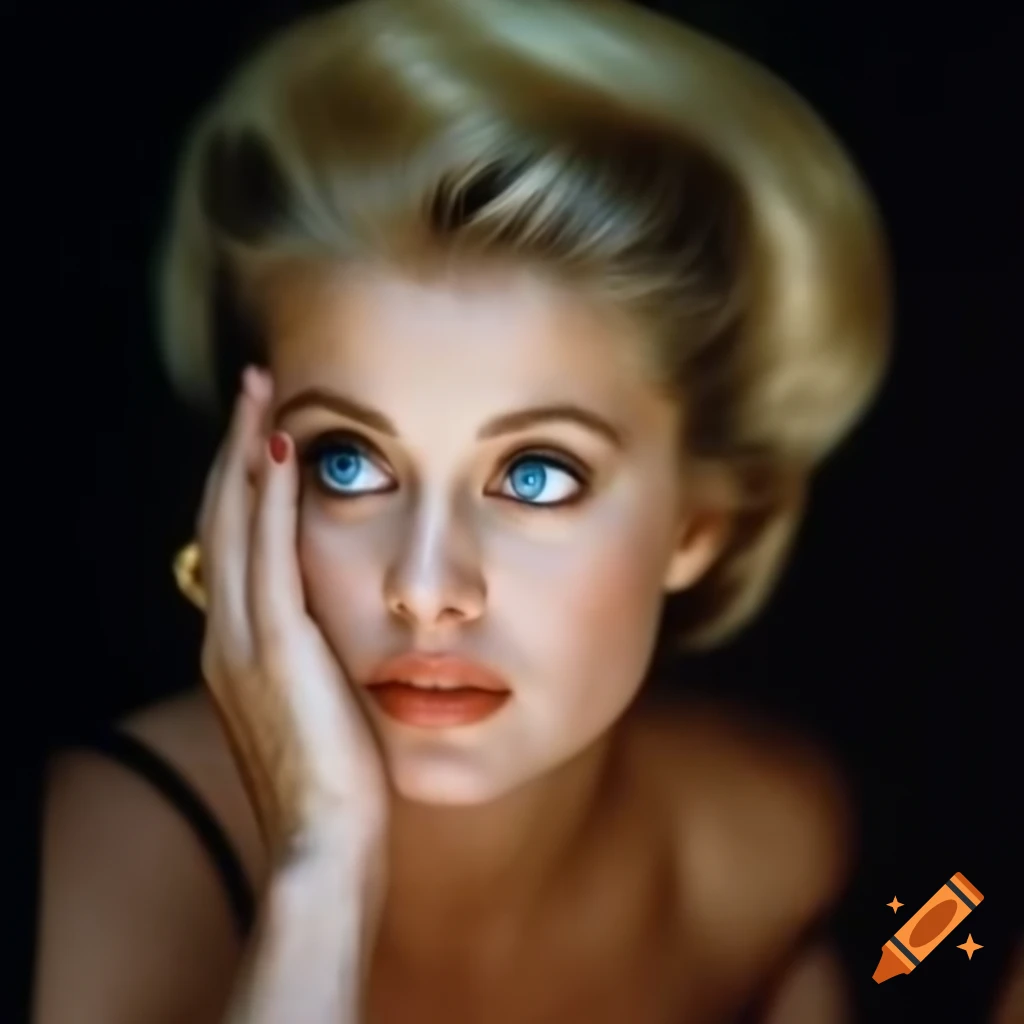 Hyper-realistic retro photo of beautiful European actress from 1963 with striking blue eyes and wavy blonde hair