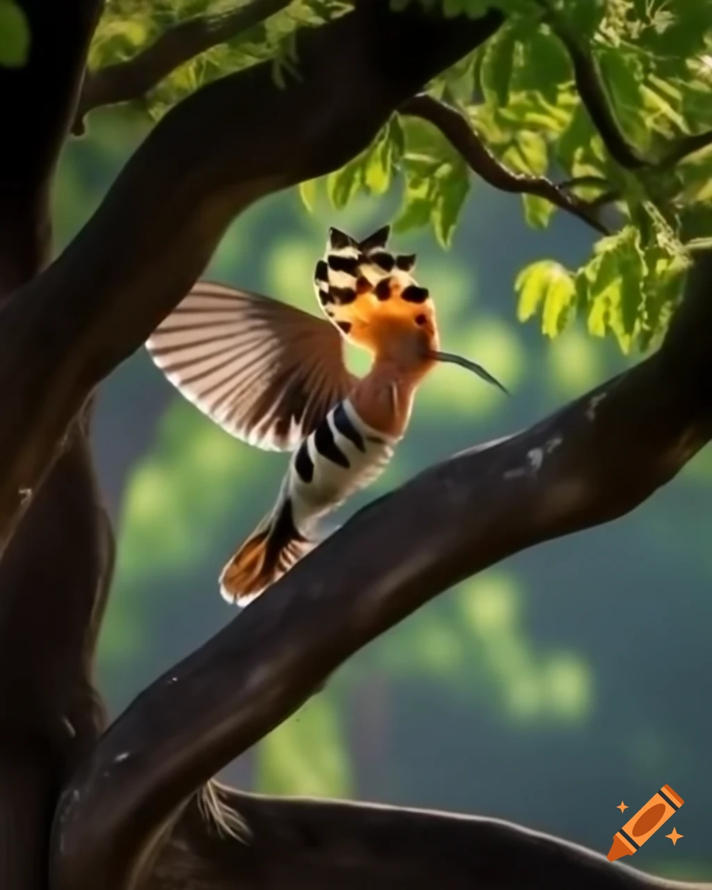 Hoopoe landing on branches of old oak tree with dappled light