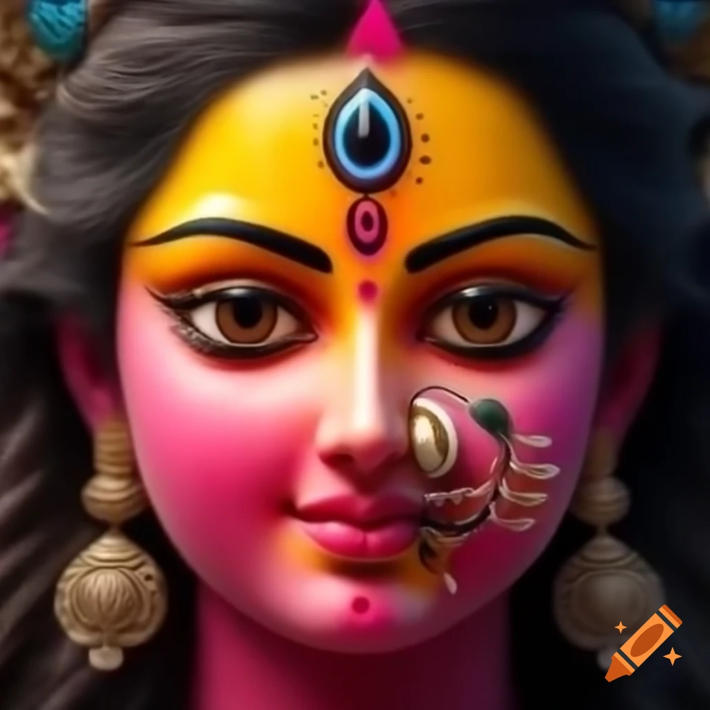 Close-up of Durga Maa's face in vibrant HD quality