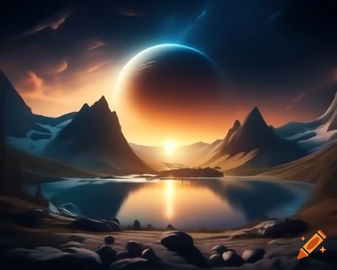 Photorealistic 3D render of mountain lake at sunset with sun rays and caustics