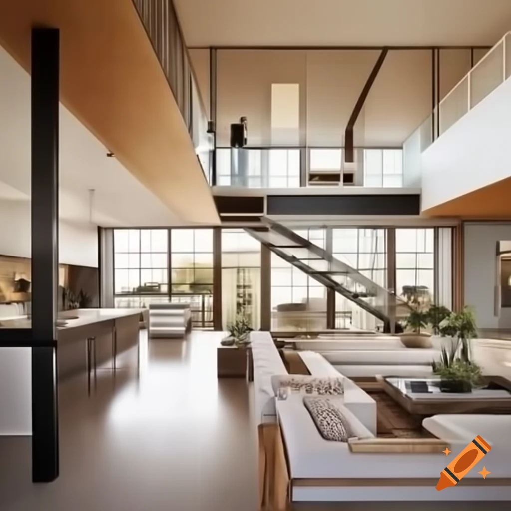 High-end luxury loft with modern kitchen and striking mezzanine