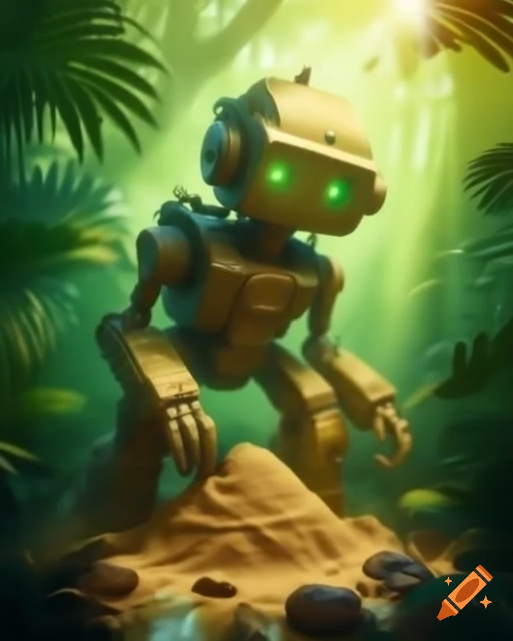 Whimsical metallic robot crafting sandcastle in sun-dappled jungle