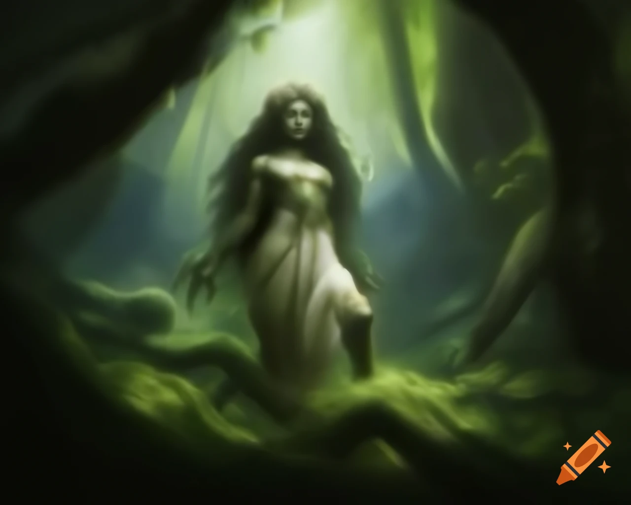 Powerful goddess of the wild in lush forest from ancient legends