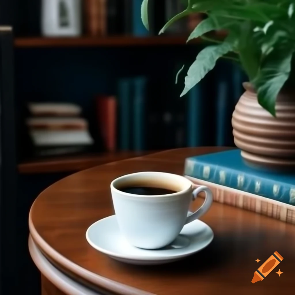 Vintage coffee cup and cake on table with bookshelves in antique interior