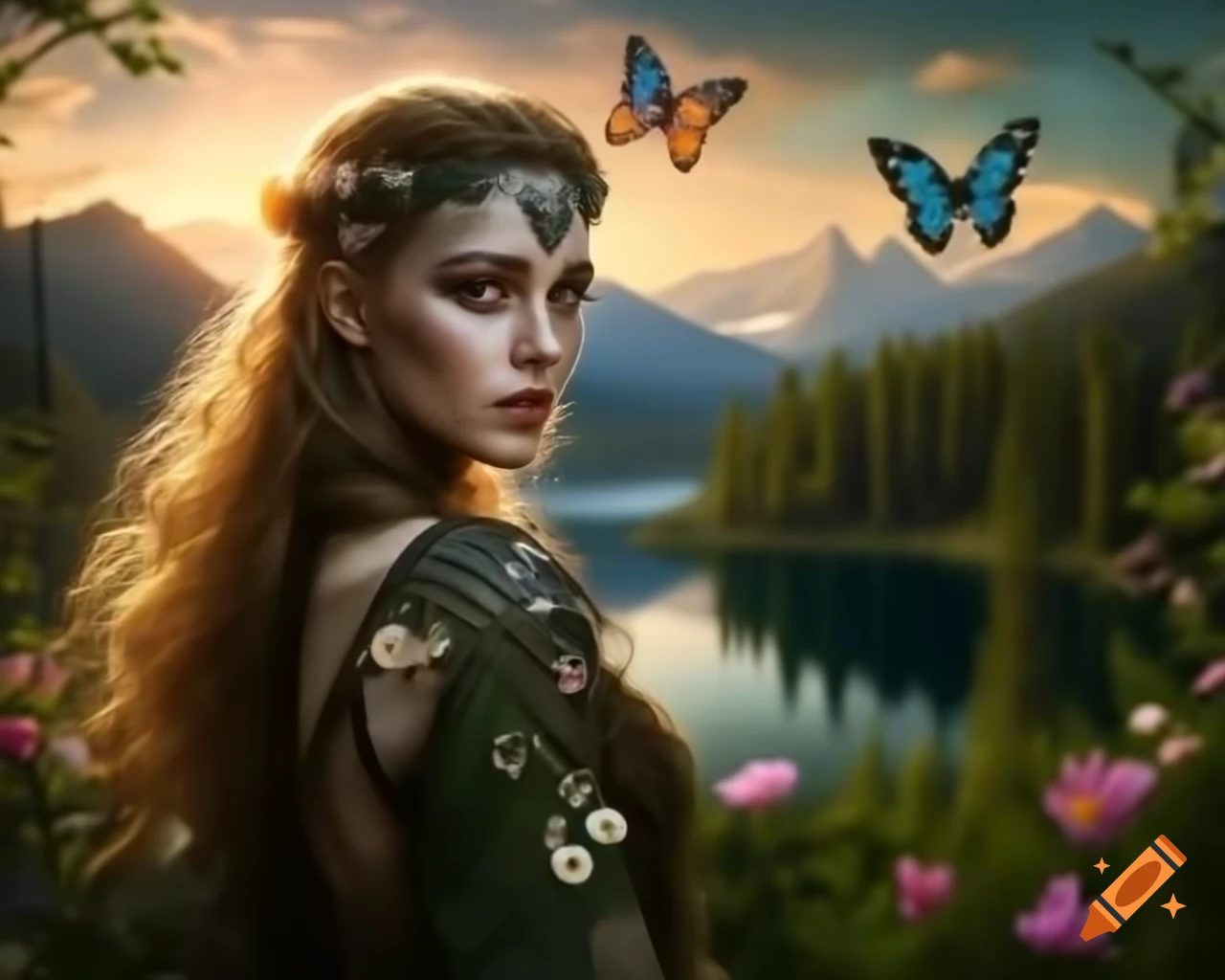 Hyperrealistic portrait of mystical Norse Celtic woman with floral hair and butterflies