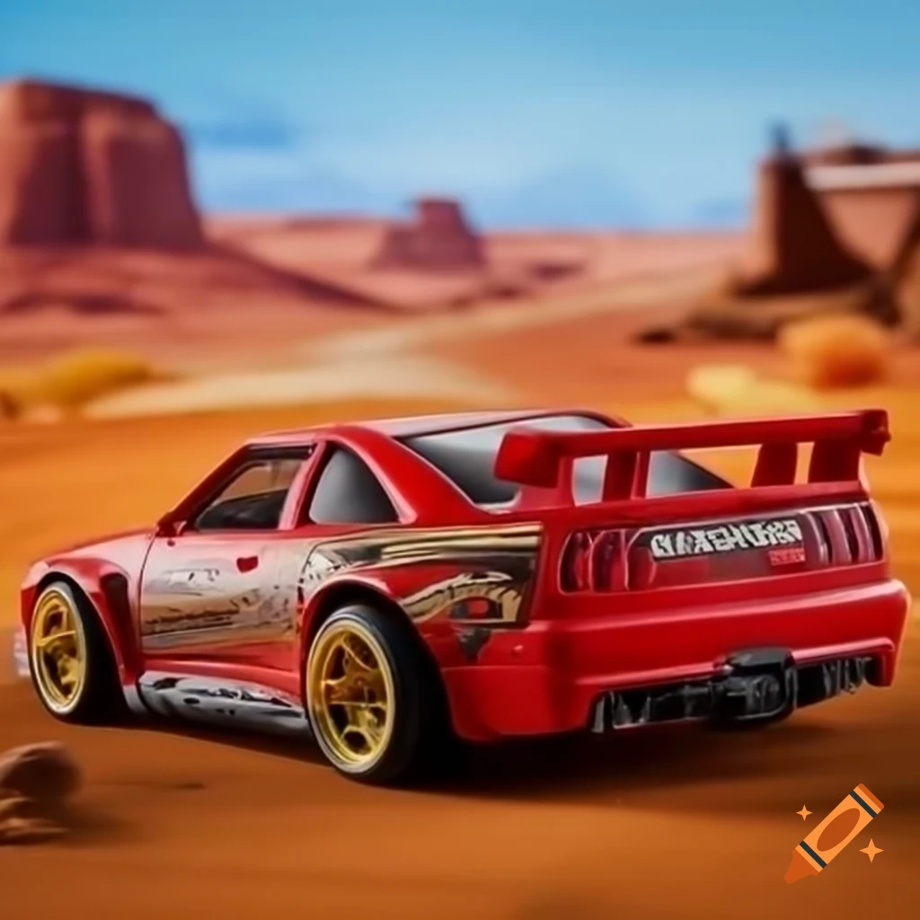 Red M3 E36 Hot Wheels toy car in desert environment