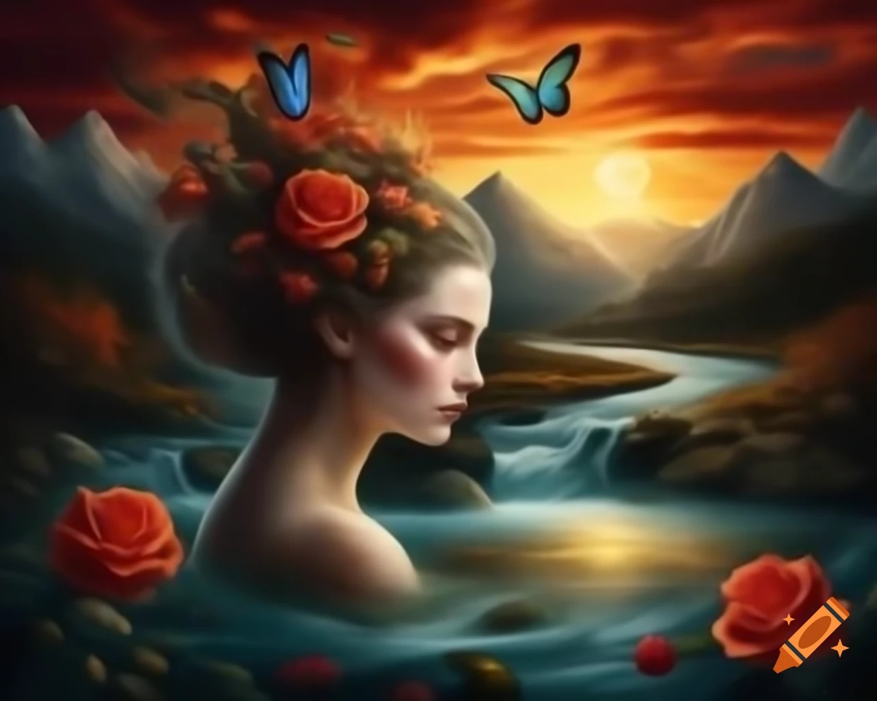 Hyper realistic portrayal of a beautiful woman with flowing golden hair in a dreamlike setting
