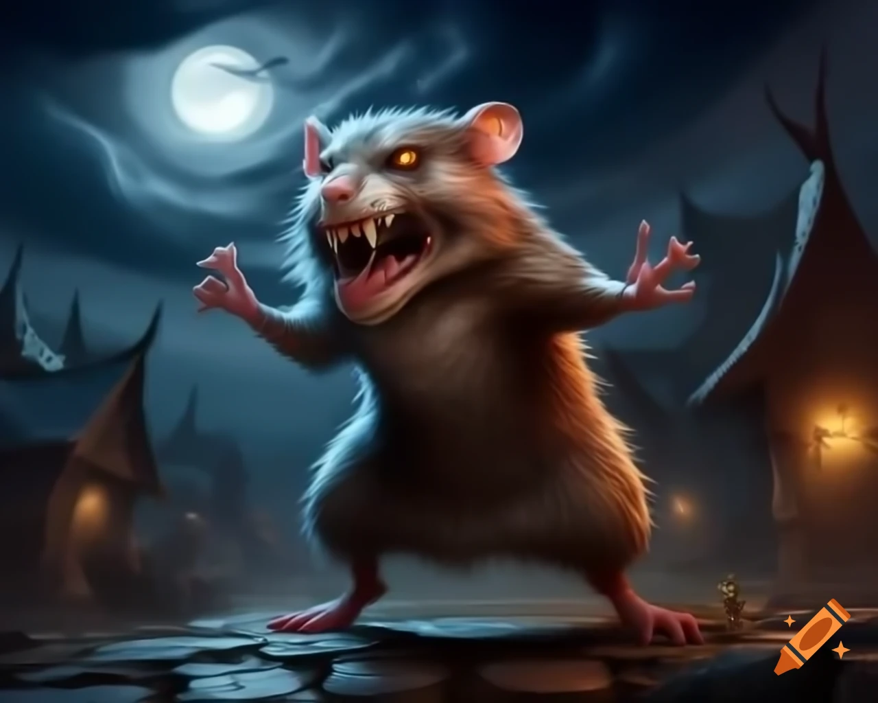 Monstrous hamster with sharp teeth looming over village under moonlight