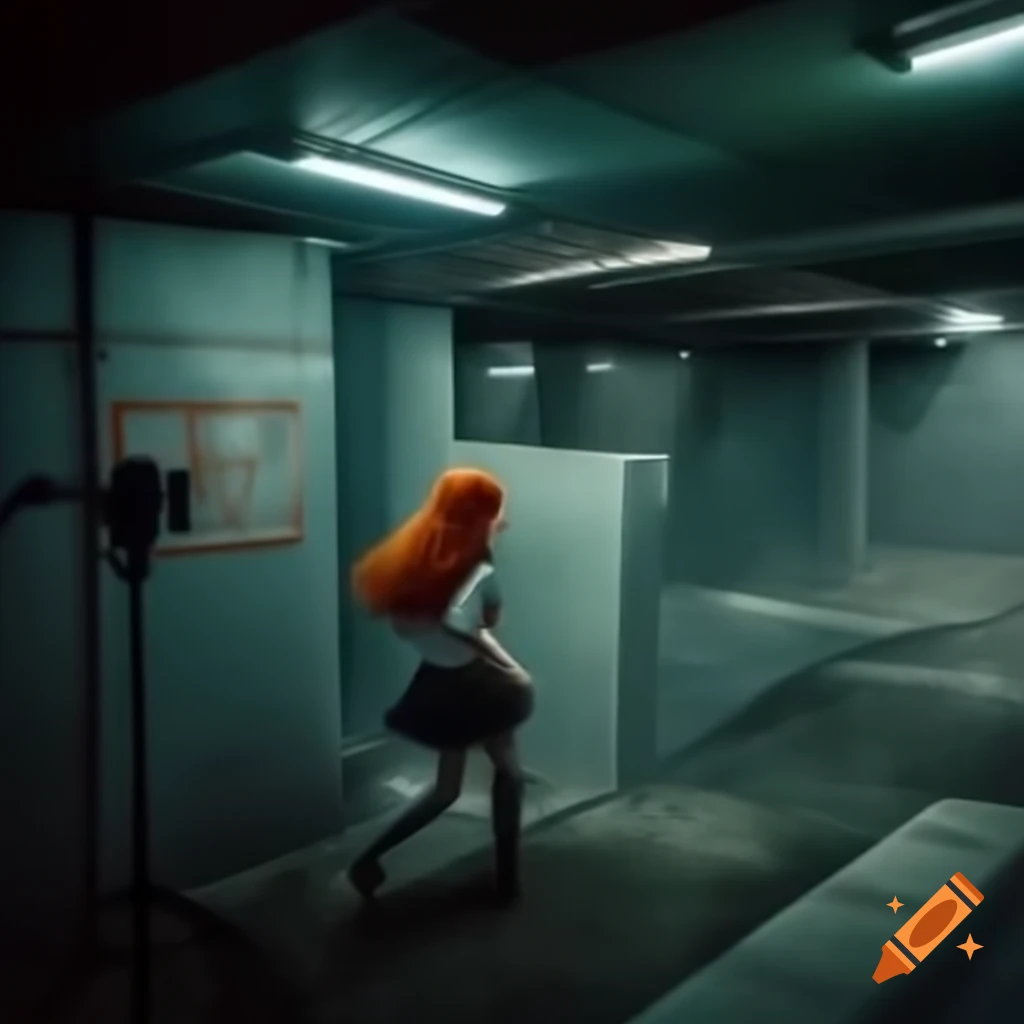 Red-haired girl in concrete basement labyrinth viewed from security camera
