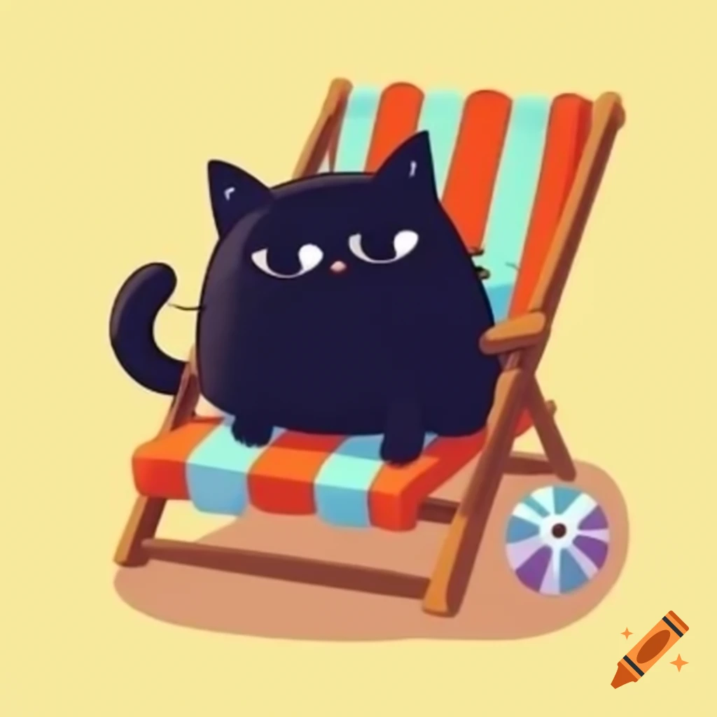 Cartoon art of black cat relaxing in beach chair