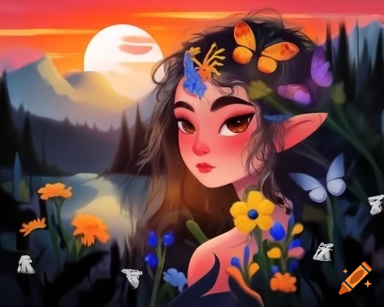 Enchanting colorful-haired woman with wildflowers and butterflies at sunset