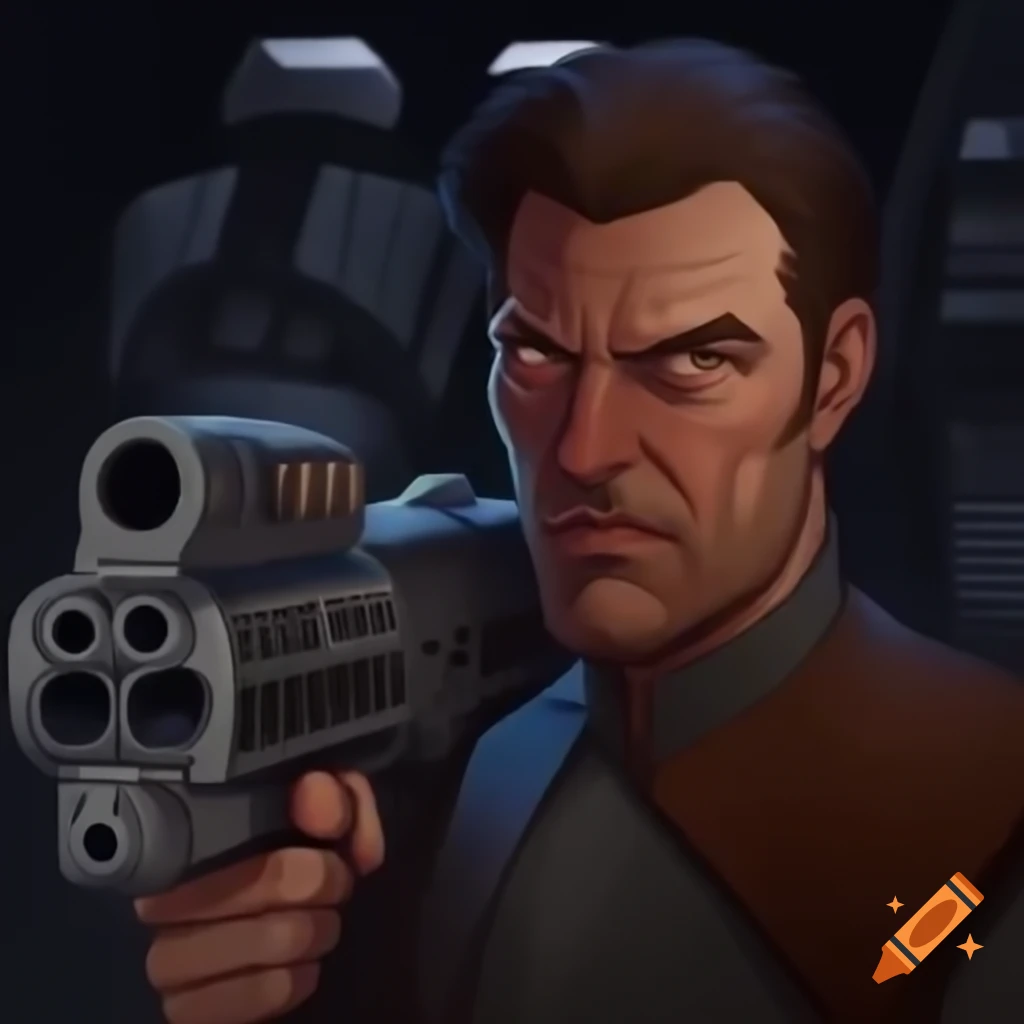 Tall man in his late 50s with Star Wars blaster, themed outfit and chin hairs