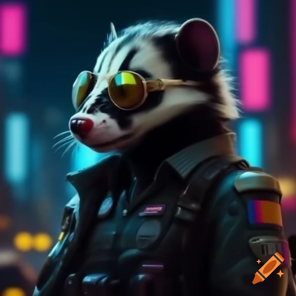 Spotted skunk in cyberpunk dystopia wearing futuristic military uniform in neon city