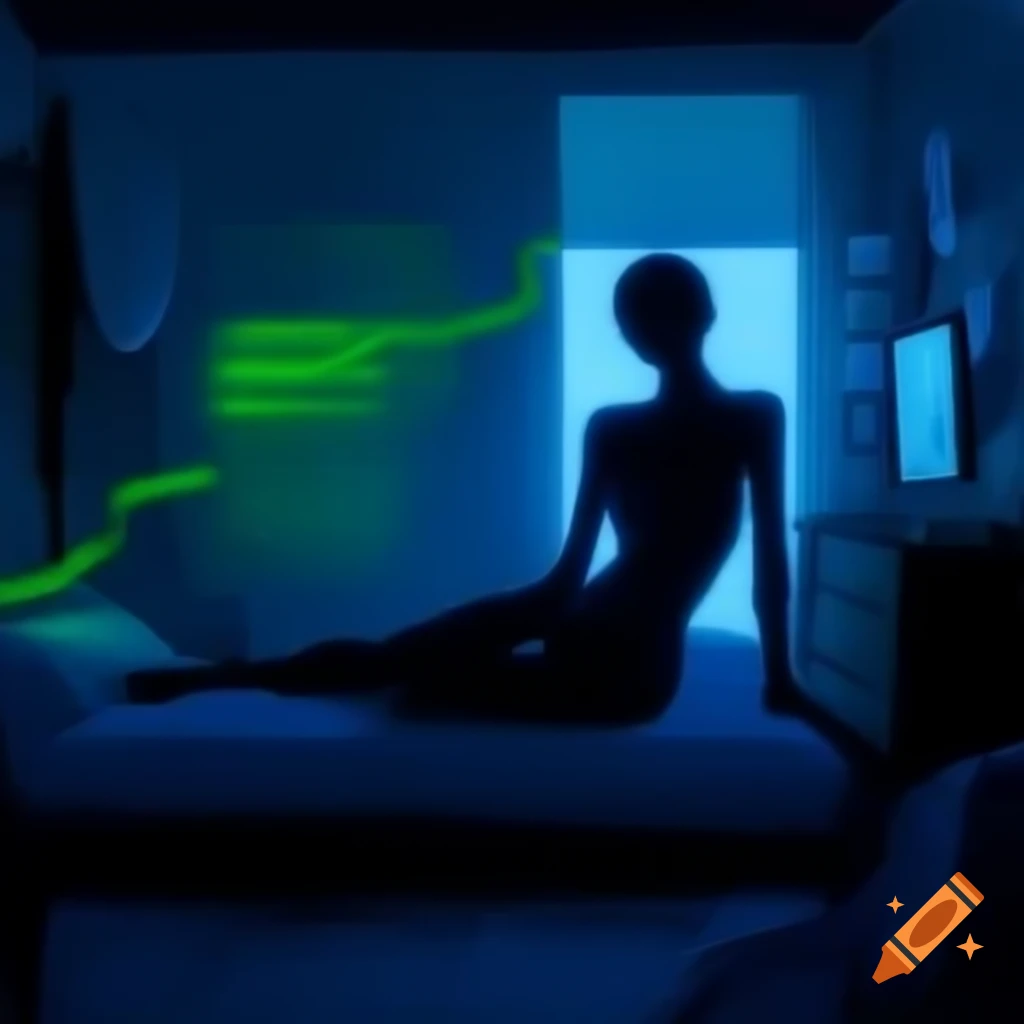 Silhouetted figure in cyberpunk apartment with neon blue and green lights