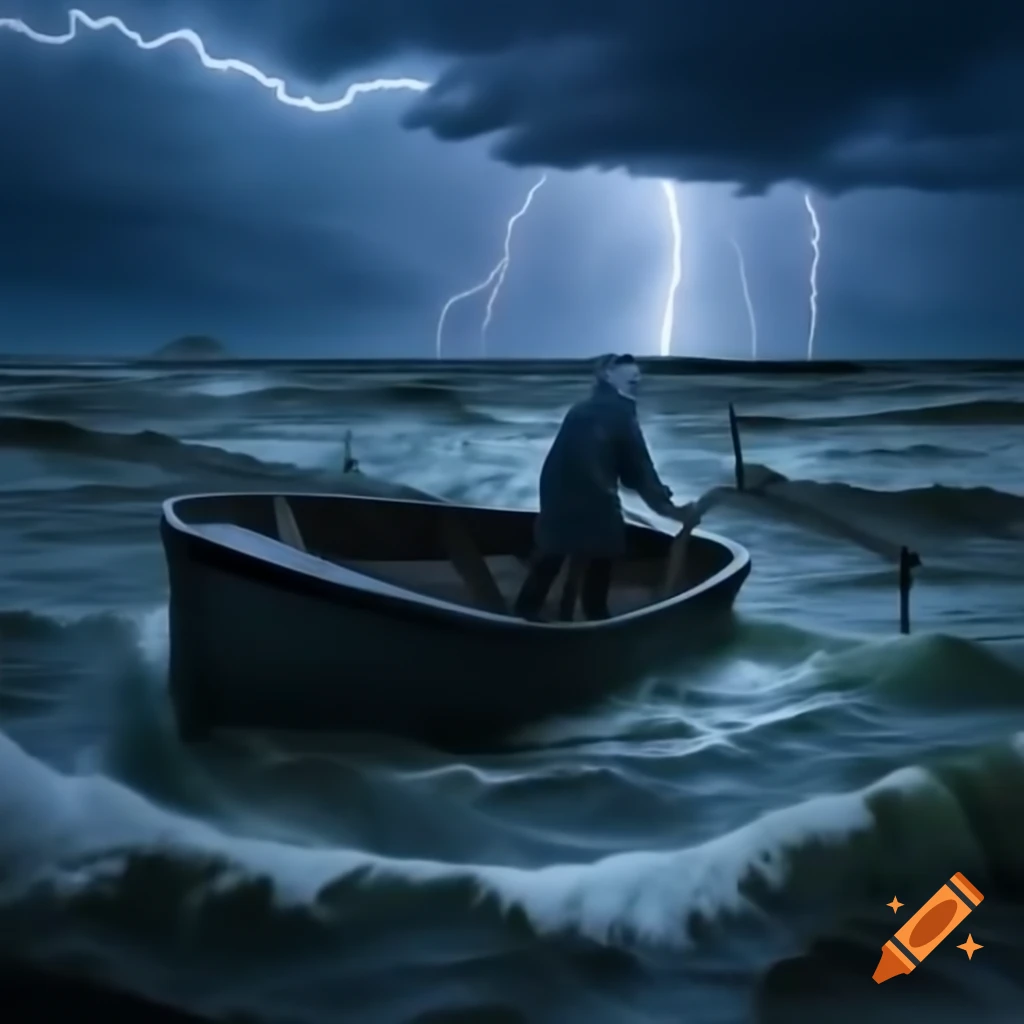 Man in raincoat on boat with anchor in rough sea during thunderstorm