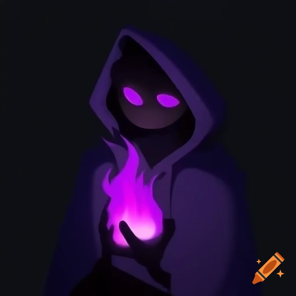 Mysterious shadow figure with purple eyes and hood, holding purple fire
