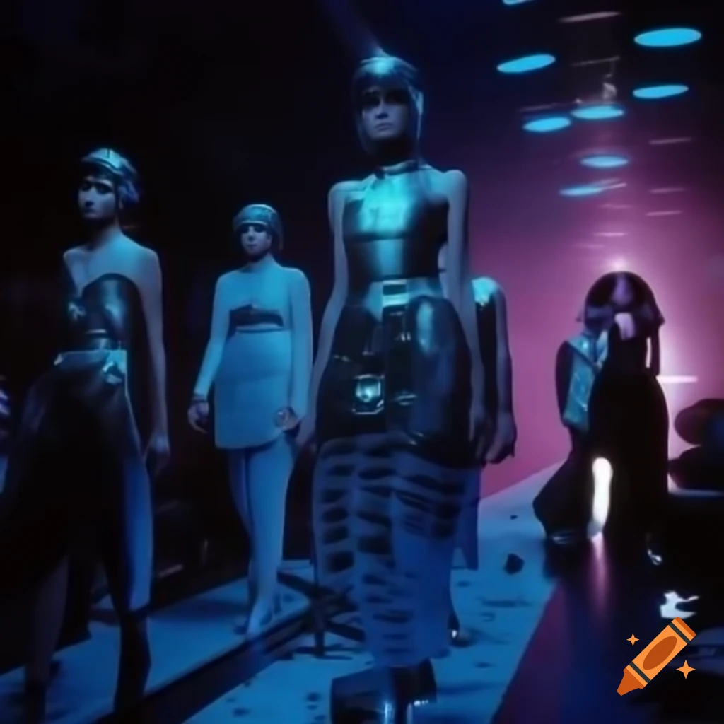 Retrofuturistic fashion show on floating runway in neon-lit space station