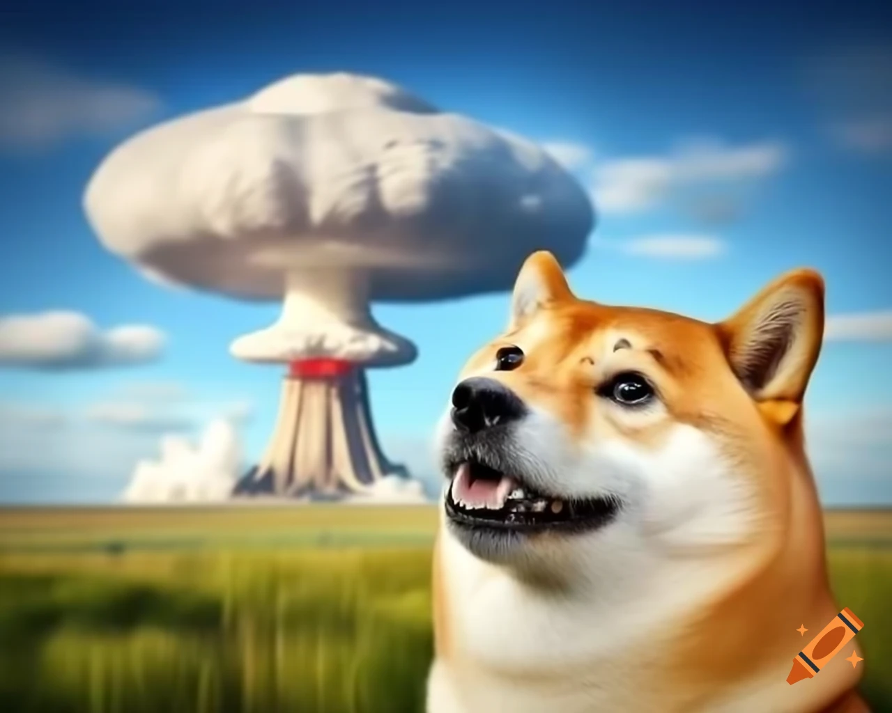 Happy doge with nuclear mushroom cloud in background