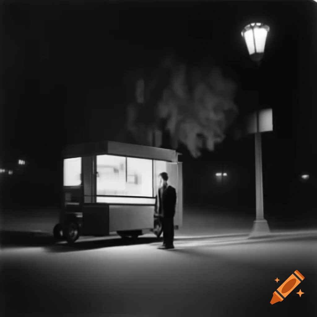 Ice cream truck driver beside truck under streetlight at night