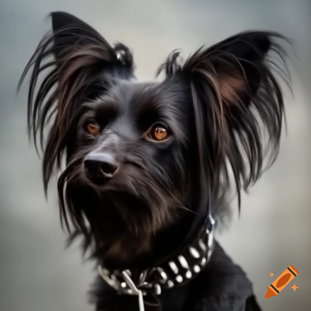Dog with spiked collar embodying rock and roll music