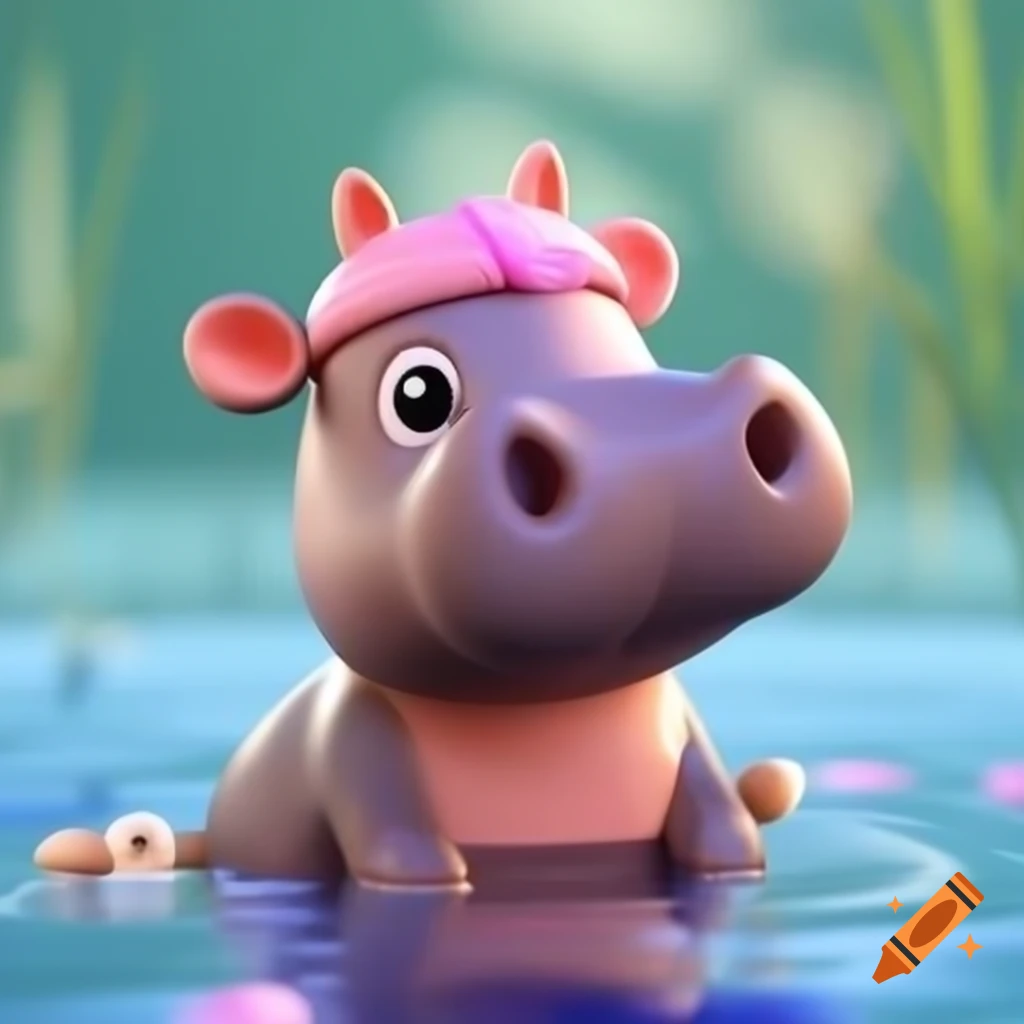 Cute baby Pygmy Hippopotamus with pig ear headband submerged in water, 3D model