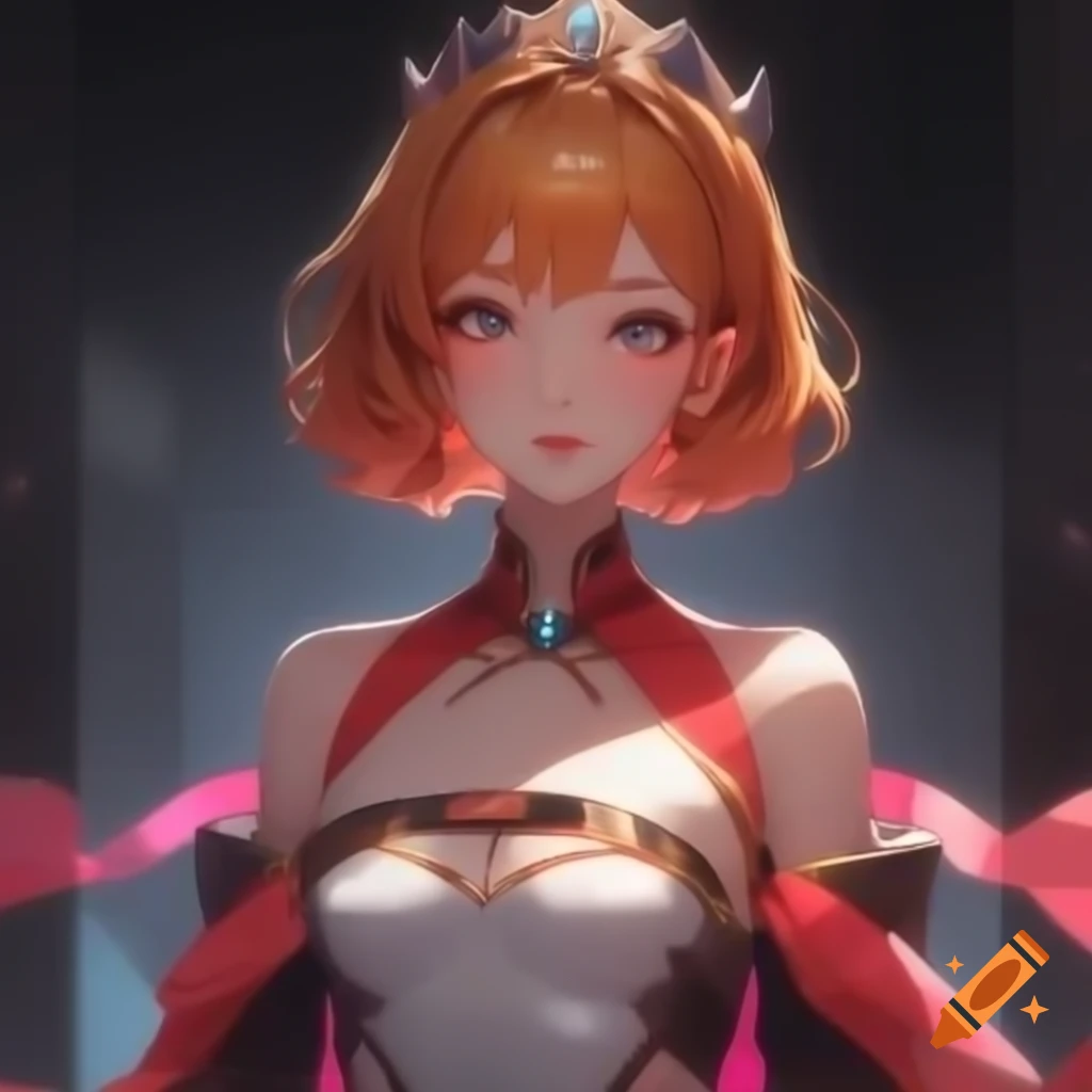 Half-body portrait of anime girl in avant-garde high-fashion outfit with tiara