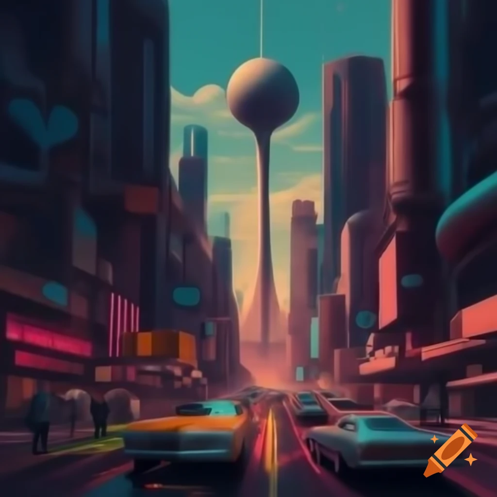 Vibrant 1960s street scene with atompunk aesthetics and retro-futuristic buildings