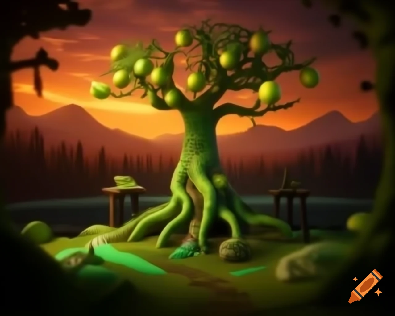 Surreal lemon tree monster in photorealistic style with warm hues