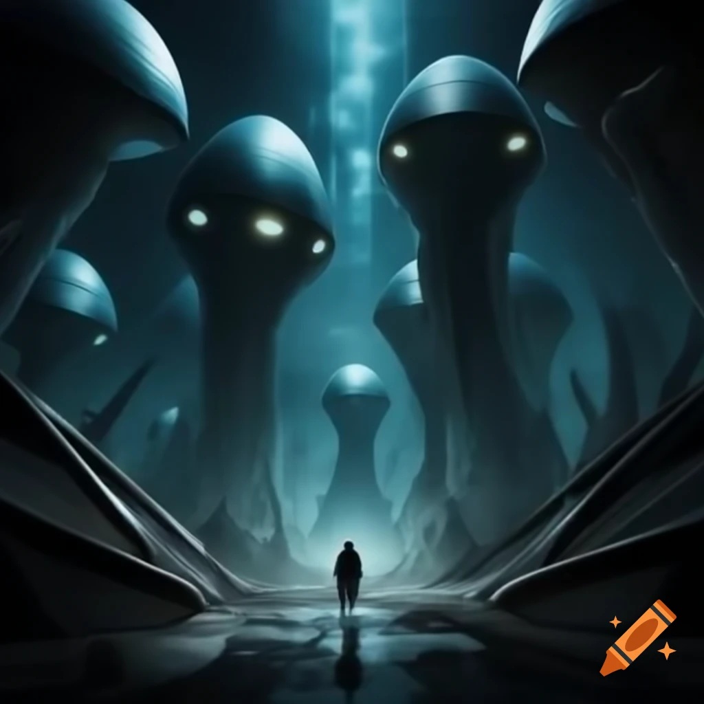 Otherworldly alien colony landscape in deep blue and black shades