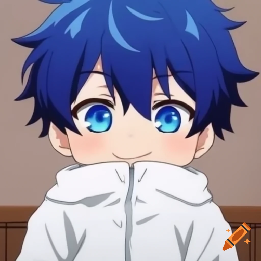 Chibi anime boy with blue hair and black eyes wearing a white jacket