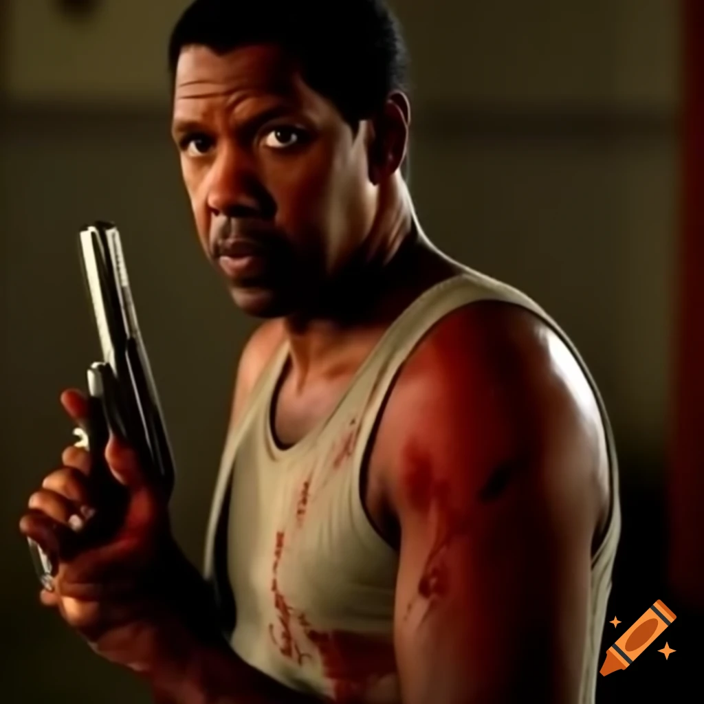 Denzel Washington wearing a dirty tank top, displaying blood and bruises with a gun