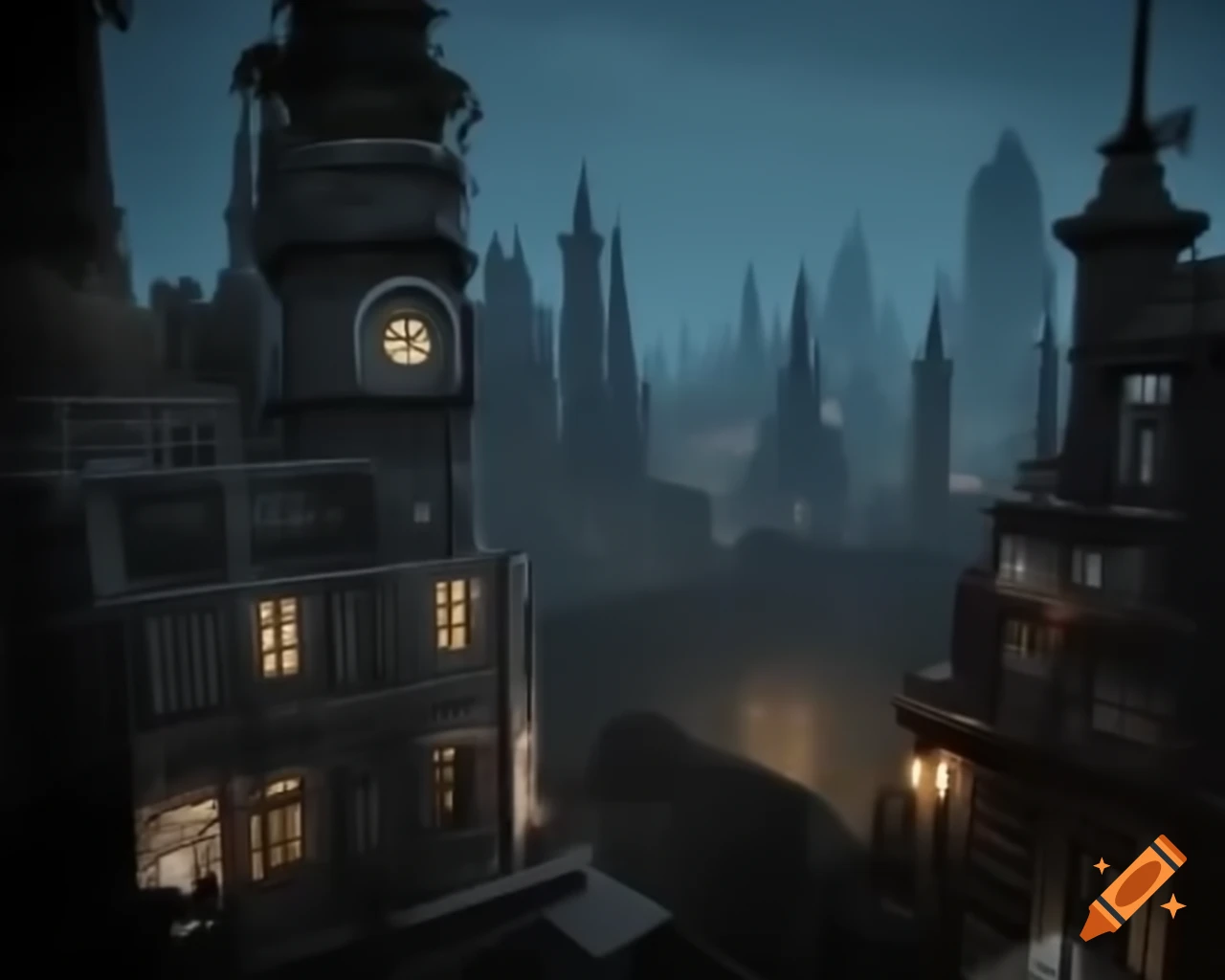 Alternate history cityscape with rusted metal skyscrapers and intricate clockwork machines